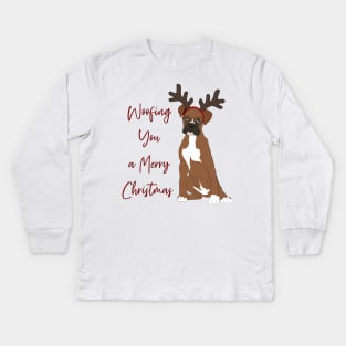 Cute Christmas Boxer, woofing you a merry Christmas Kids Long Sleeve T-Shirt